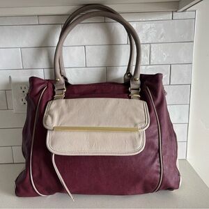 Steve Madden Large Embossed Satchel Handbag Hobo Purse Burgundy and Beige
